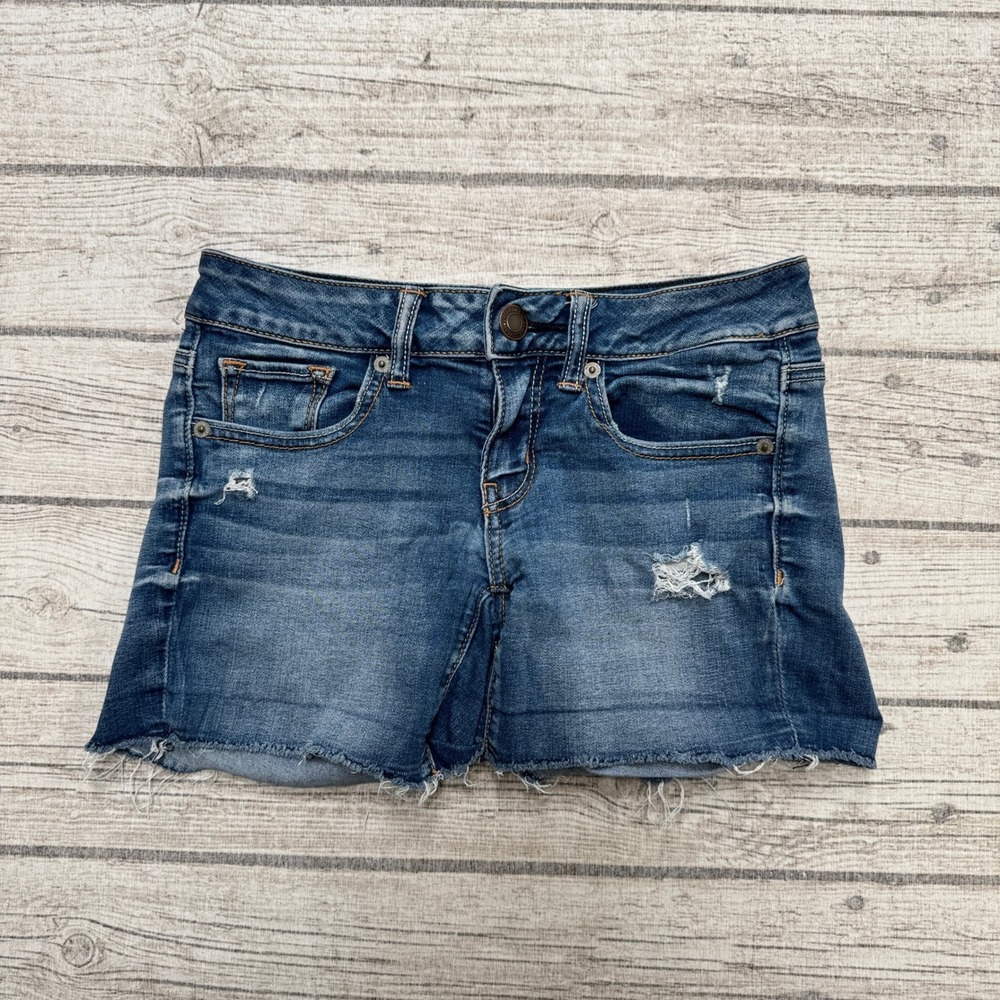 American Eagle Shorts Women's 2 Blue Denim Dark Wash Low Rise Cut Off Distressed